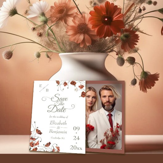 Save The Date Élégant Fleur sauvage en terre cuite Mariage