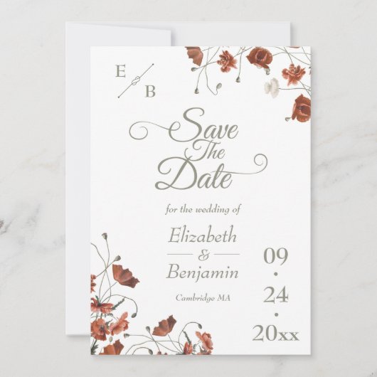 Save The Date Élégant Fleur sauvage en terre cuite Mariage (Devant)