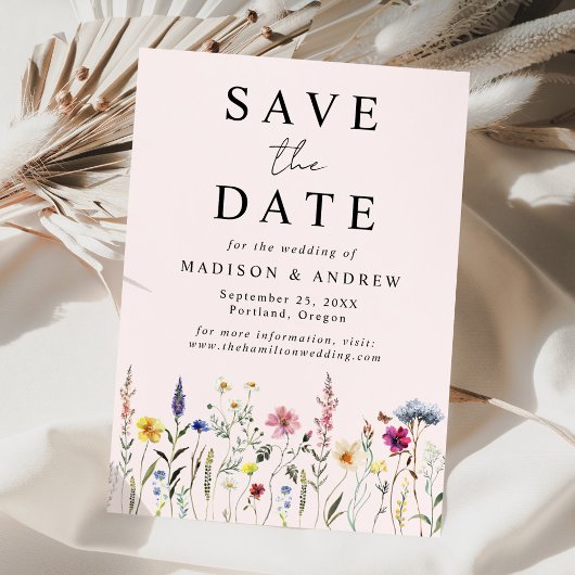 Save The Date Élégant Fleur sauvage Meadow Blush Pink Mariage