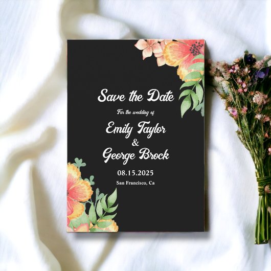 Save The Date Élégant Fleur sauvage romantique Black Floral Mari