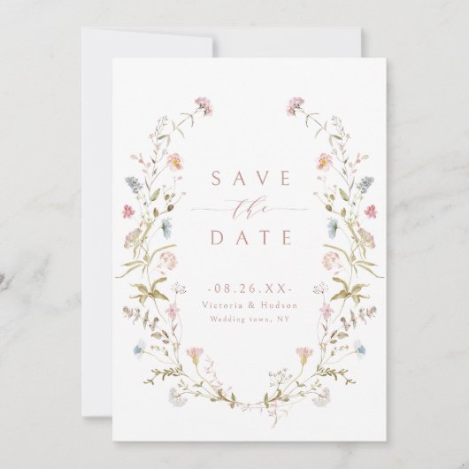 Save The Date Elégant Fleur sauvage rose Dusty Rustic Boho Maria (Devant)