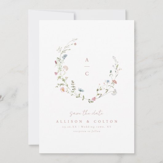 Save The Date Élégant Fleur sauvage Rustic Boho Mariage monogram (Devant)