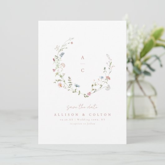 Save The Date Élégant Fleur sauvage Rustic Boho Mariage monogram (Debout devant)