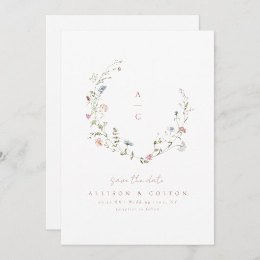 Save The Date Élégant Fleur sauvage Rustic Boho Mariage monogram (Devant / Derrière)