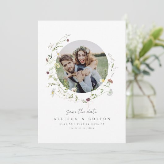 Save The Date Élégant Fleur sauvage Rustic Boho Mariage monogram (Debout devant)