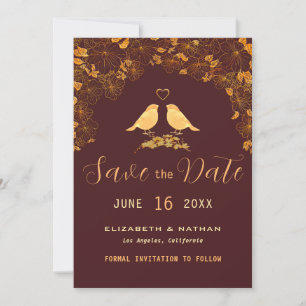 Save The Date Élégant Fleurs de Bourgogne et Or Oiseaux Photo Pe