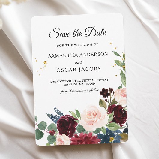 Save The Date Élégant floral aquarelle bordeaux 