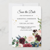 Save The Date Élégant floral aquarelle bordeaux  (Devant)