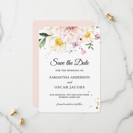 Save The Date Élégant floral aquarelle rose et jaune (Devant/Arrière en situation)