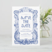 Save The Date Élégant Floral Baroque Blue Colonne Mariage (Debout devant)