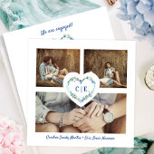 Save The Date Elégant Floral Blue Heart 3 Photos Fiançailles