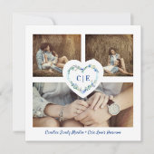 Save The Date Elégant Floral Blue Heart 3 Photos Fiançailles (Devant)