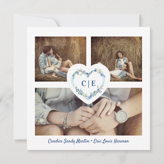 Save The Date Elégant Floral Blue Heart 3 Photos Fiançailles (Devant)