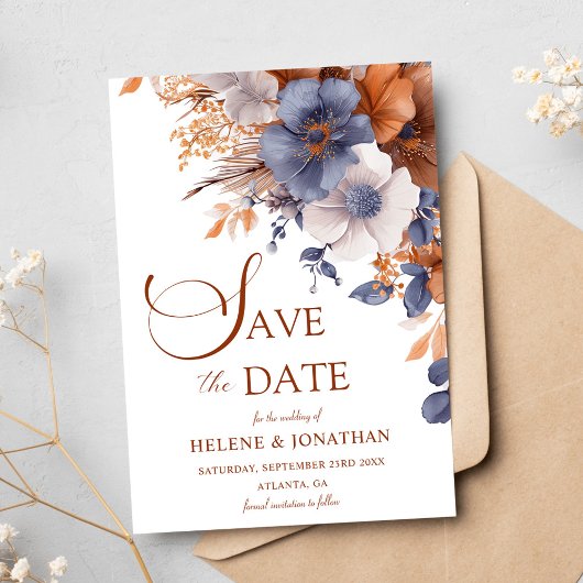 Save The Date Élégant Floral Dusty Blue Terracotta Mariage
