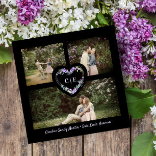 Save The Date Élégant Floral Purple Heart 3 Photos Fiançailles