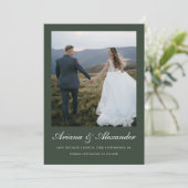 Save The Date Élégant Forest Green Script Deux Mariage photo (Debout devant)