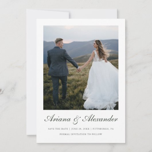 Save The Date Élégant Forest Green Script Mariage photo (Devant)