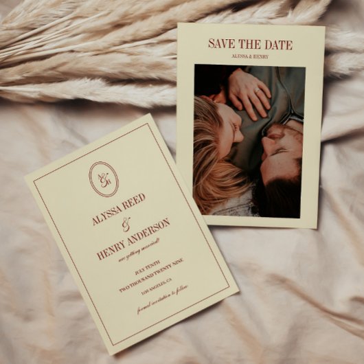 Save The Date Elegant Formal Ivory Monogram Couple Photo Wedding