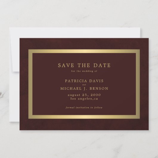 Save The Date Elegant gold burgundy simple typography wedding (Devant)