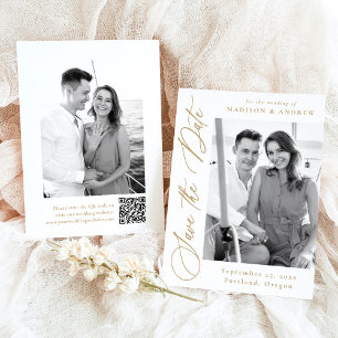 Save The Date Elegant Gold Calligraphy 2 Photo QR Code Mariage