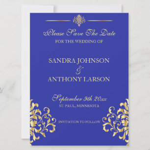 Save The Date Elegant Gold et Blue Damask Enregistrer la date