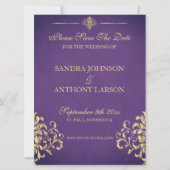 Save The Date Elegant Gold et Purple Damask Enregistrer la date (Devant)