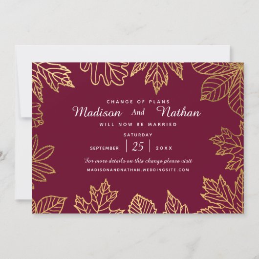 Save The Date Elégant Gold Foil Feuilles d'automne Changer la da (Devant)