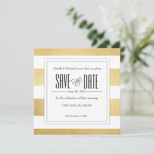 Save The Date Elégant Gold Foil Modern Stripe Enregistrer la dat (Debout devant)
