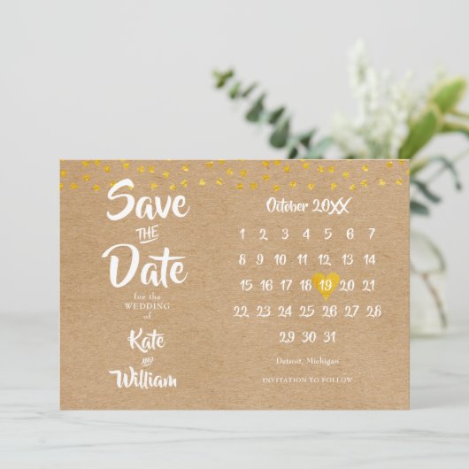 Save The Date Elegant Gold Heart Calendrier Rustique Boho (Debout devant)