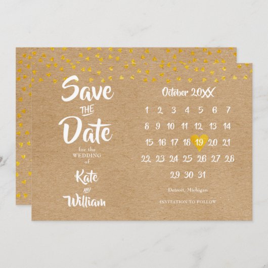 Save The Date Elegant Gold Heart Calendrier Rustique Boho (Devant / Derrière)