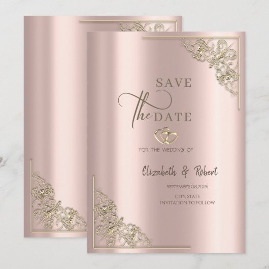 Save The Date Elegant Gold Hearts Rose Gold Wedding (Devant / Derrière)