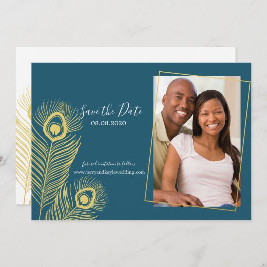 Save The Date Elegant Gold Peacock Enregistrer le Mariage de dat (Devant / Derrière)