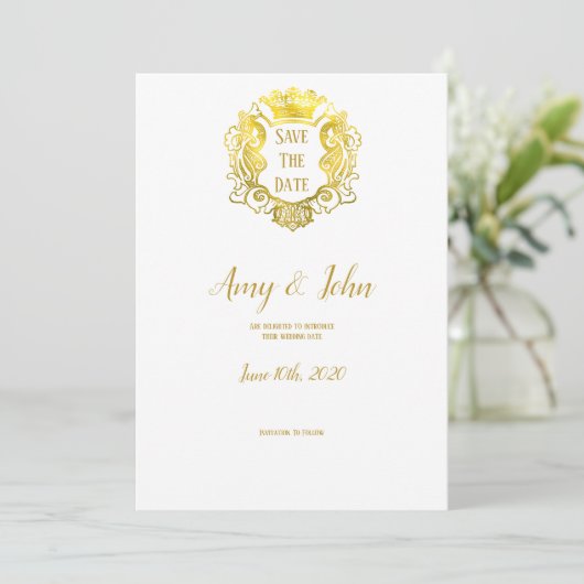 Save The Date Elégant Gold Royal Crest Mariage Enregistrer La Da (Debout devant)