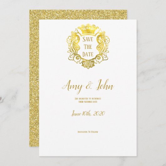 Save The Date Elégant Gold Royal Crest Mariage Enregistrer La Da (Devant / Derrière)