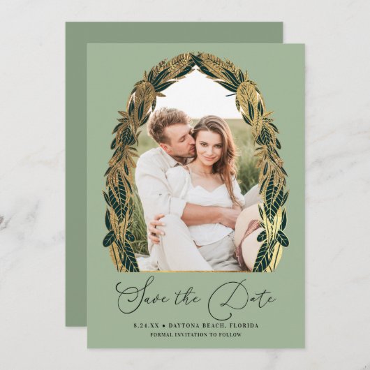Save The Date Elégant Gold Sage Vert verdure Feuille Mariage (Devant / Derrière)