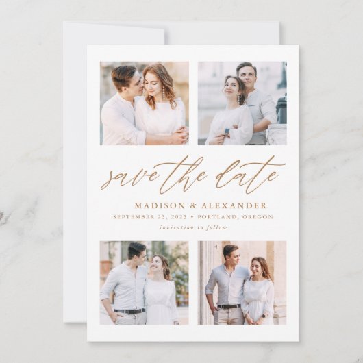 Save The Date Élégant Gold Script 4 Photo Collage (Devant)