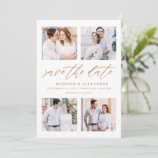 Save The Date Élégant Gold Script 4 Photo Collage (Debout devant)