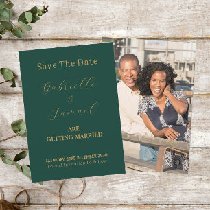 Save The Date Élégant Gold Script Couple Photo Vert