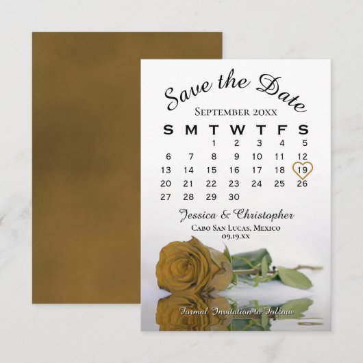 Save The Date Élégant Golden Ochre Rose Calendrier Mariage (Devant / Derrière)