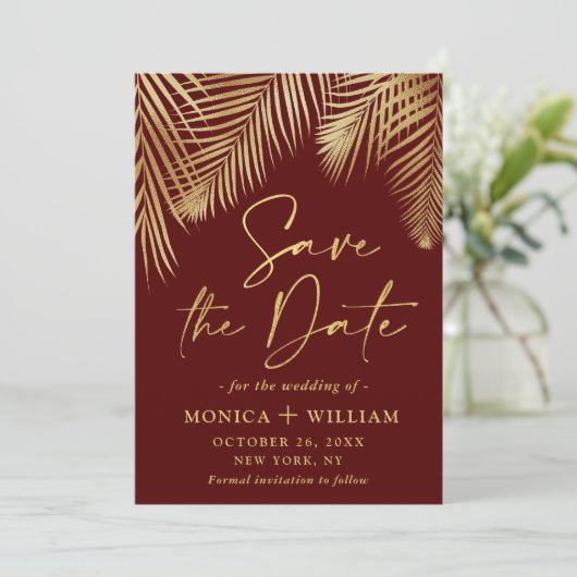 Save The Date Elégant Golden Palm Branch Mariage Photo (Debout devant)