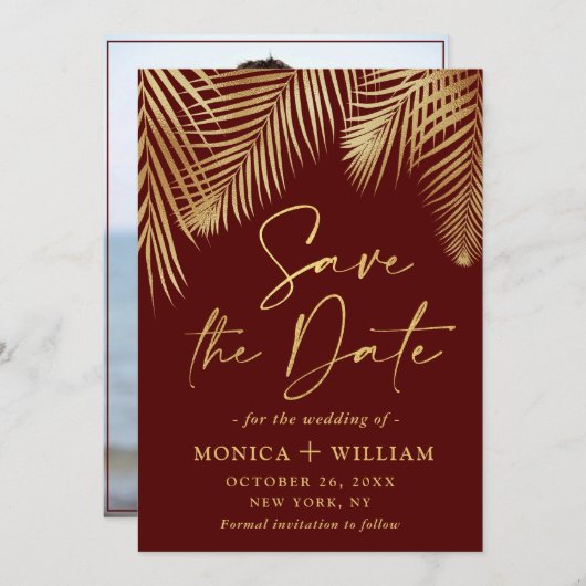 Save The Date Elégant Golden Palm Branch Mariage Photo (Devant / Derrière)