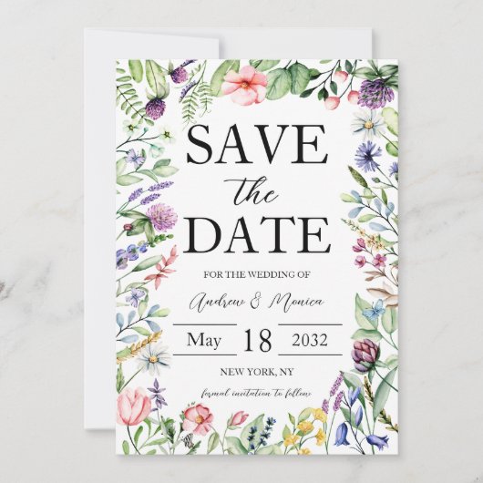 Save The Date Élégant Gras Fleur sauvage Sage Mariage Vert (Devant)