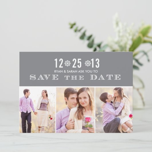 Save The Date Élégant Gray Snowflake Enregistrer les dates et le (Debout devant)
