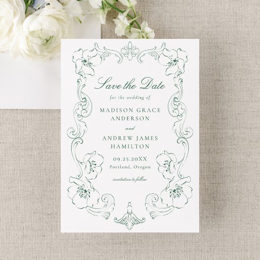Save The Date Elegant Green Ornate Floral Frame Wedding