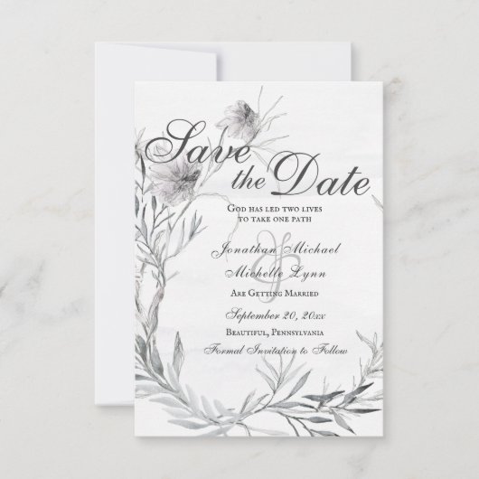 Save The Date Elégant Gris Floral Aquarelle Mariage chrétien (Devant)