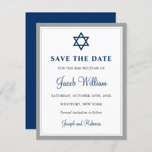 Save The Date Elégant gris & Navy Blue Bar Mitzvah 4,25 po x 5,5