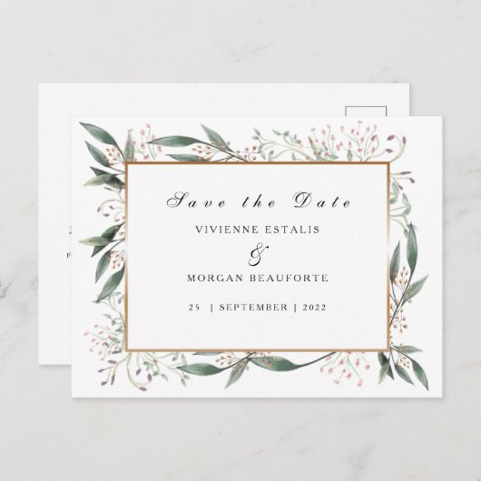 Save The Date elegant groen blad goud Briefkaart (Voorkant / Achterkant)