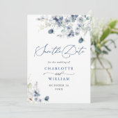 Save The Date Elégant Hiver Blue Foliage Boho Mariage QR code (Debout devant)