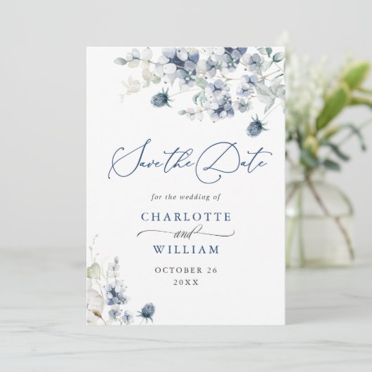 Save The Date Elégant Hiver Blue Foliage Boho Mariage QR code (Debout devant)