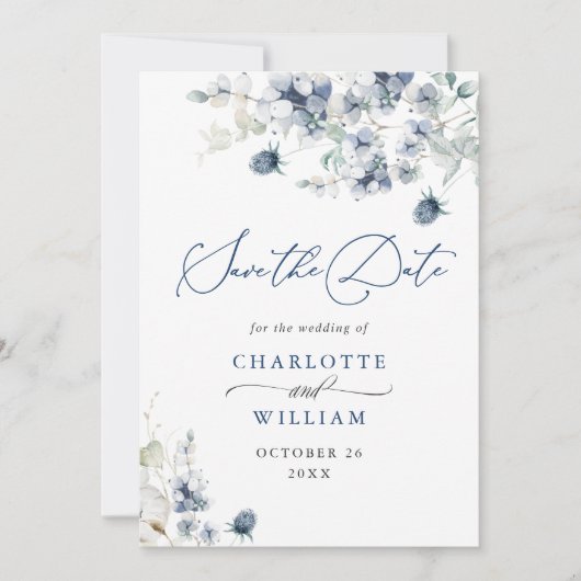 Save The Date Elégant Hiver Blue Foliage Boho Mariage QR code (Devant)